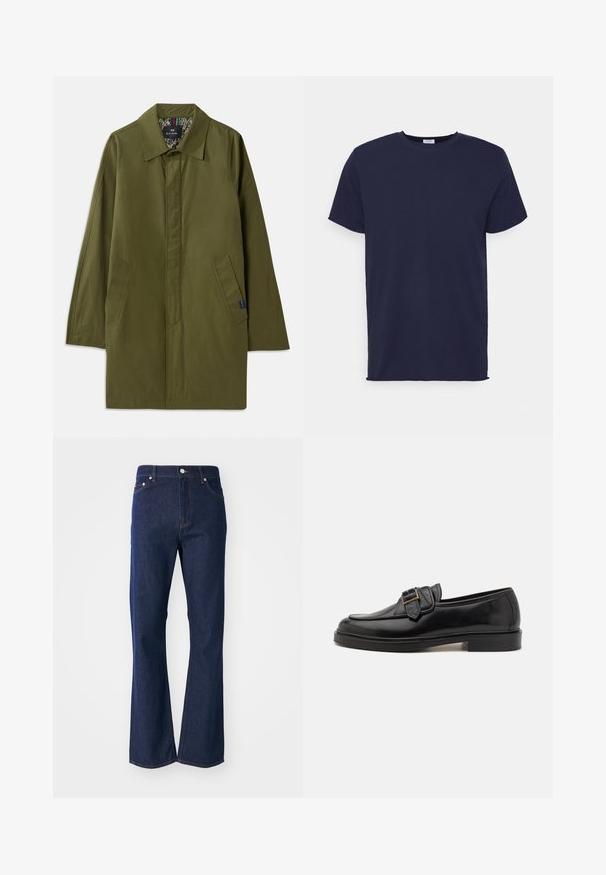 Manteau léger vert olive avec un col pointu, deux poches latérales et une doublure intérieure à motifs. Présente une coupe décontractée et droite.; T-shirt bleu marine à manches courtes fabriqué en tissu doux. Présente un col rond et une coupe droite sans motifs ni accents.; Jeans évasés de couleur bleu foncé en denim. Comprend cinq poches, une fermeture éclair à l'avant et un bouton métallique. Accents de couture classique.; Mocassins en cuir noir avec un bout arrondi et une boucle décorative. Talon plat, solide et texture lisse sur l'ensemble.