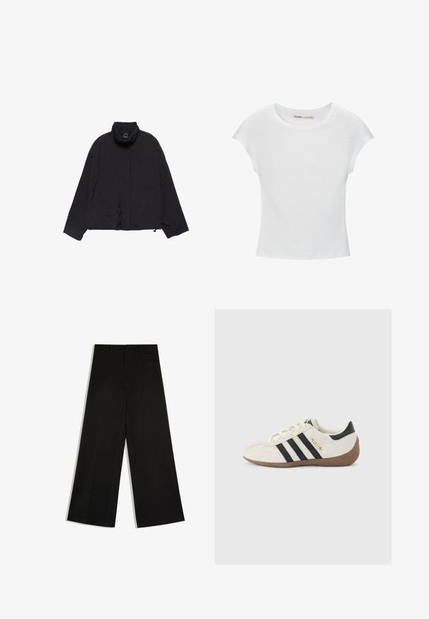 Veste noire légère avec un col montant, une coupe ample et deux coutures horizontales à l'avant. Présente une texture minimale et aucun élément métallique visible.; T-shirt en coton blanc avec manches courtes retroussées, encolure ronde et ourlet droit. Texture lisse sans motifs ni accents visibles.; Pantalon noir à jambes larges avec passants de ceinture, fermeture devant par bouton et zip, posé à plat sur fond blanc.; Baskets blanches Adidas avec des rayures noires, une semelle texturée marron, et le lettrage doré "SPEZIAL" sur le côté, vues du côté extérieur.