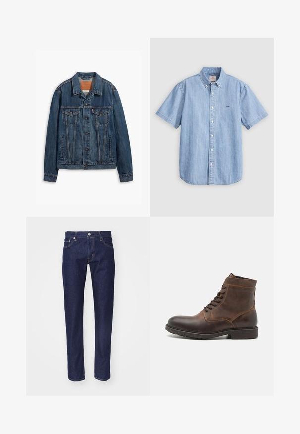 Sininen farkkutakki klassisella designilla, jossa on rintataskut, metallinapit ja erottuva ommel. Rakenteellinen kaulus ja helma.; Vaaleansininen denim-puolihihainen paita napillisella kauluksella, edessä napit ja pieni logo vasemmalla rinnassa. Sileä tekstuuri.; Tummansinisen denim-kankaan farkut suoran leikkauksen, viiden taskun muotoilun, kontrastivärisen oranssin ompelun ja hopeisen nappisuljin vyötäröllä.; Jack & Jones JFWDELANEY BOOT - Nauhalliset nilkkurit - cognac
