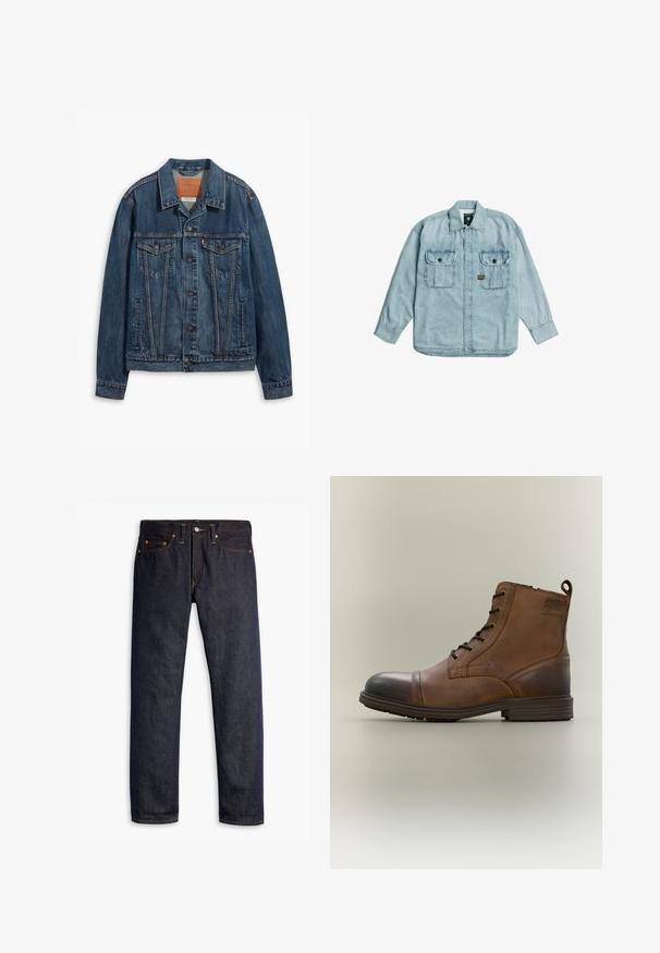 Blaue Jeansjacke mit klassischem Design, ausgestattet mit Brusttaschen, Metallknöpfen und kontrastierenden Nähten. Strukturierter Kragen und Saum.; Hellblaue Jeans-Hemd mit langen Ärmeln, Kragen, durchgehender Knopfreihe vorne und zwei mit Knöpfen verschließbaren Brusttaschen auf weißem Hintergrund.; Dunkelblaue Jeans aus Denim mit geradem Schnitt, fünf Taschen-Design, kupfernen Nieten, gelben Nähten und einem ausgeprägten strukturierten Stoff.; Brauner Leder-Schnürstiefel bis zum Knöchel mit schwarzer Zehenkappe, runder Sohle und Markenlabel an der Seite vor schlichtem Hintergrund.