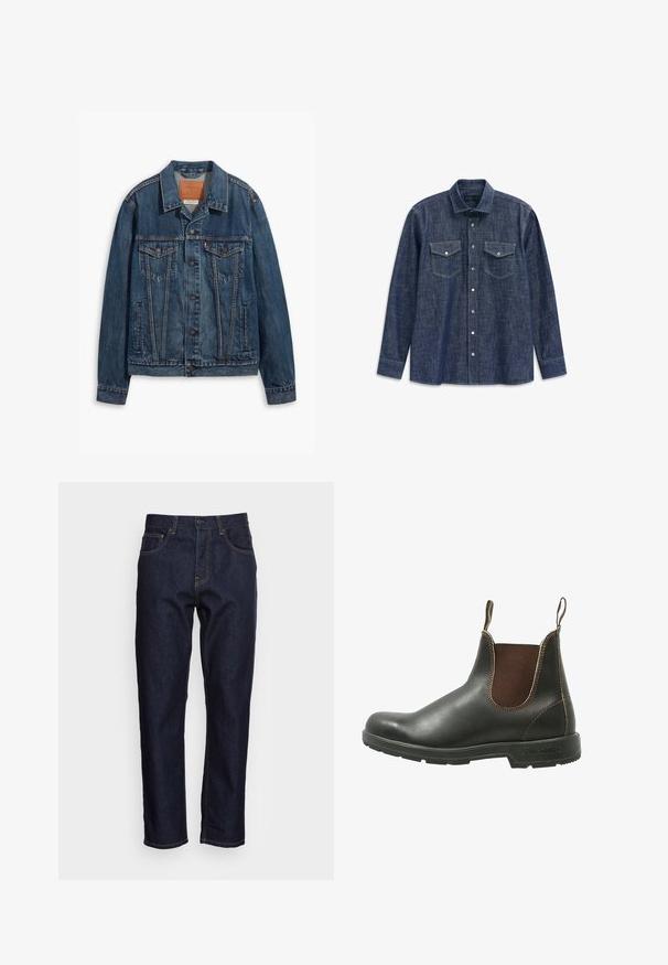 Blaue Jeansjacke mit klassischem Design, ausgestattet mit Brusttaschen, Metallknöpfen und kontrastierenden Nähten. Strukturierter Kragen und Saum.; Dunkelblauses Jeanshemd mit langen Ärmeln und spitzem Kragen, zwei Brusttaschen und kontrastierenden Nähten. Verfügt über eine durchgehende Knopfleiste und einen klassischen Schnitt.; Dunkelblaue Denim-Jeans mit geradem Schnitt, fünf Taschen und kontrastierendem gelben Nähten. Mit einem klassischen Knopf- und Reißverschluss ausgestattet.; Chelsea-Boots aus glattem schwarzem Leder mit braunen elastischen Seitenteilen, kontrastierenden Nähten und einer strukturierten Gummisohle.