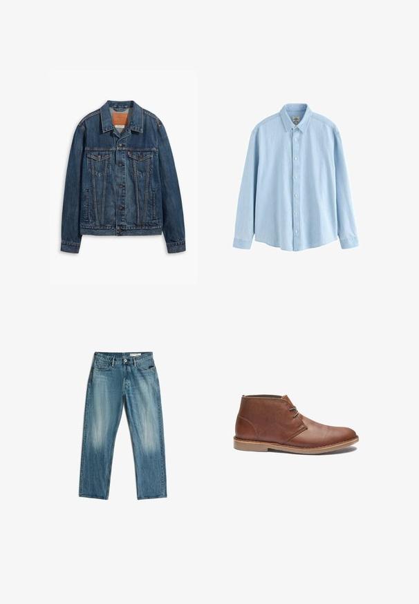 Blaue Jeansjacke mit klassischem Design, ausgestattet mit Brusttaschen, Metallknöpfen und kontrastierenden Nähten. Strukturierter Kragen und Saum.; Hellblaues Denim-Hemd mit langen Ärmeln, Knopfleiste, Kragen und weißen Knöpfen, Größe M, vor weißem Hintergrund dargestellt.; Blaue Straight-Leg-Denim-Jeans mit Vordertaschen, Gürtelschlaufen und ausgewaschenen Stellen an Oberschenkeln und Knien, flach auf weißem Hintergrund liegend.; Braune Leder-Ankle Boots mit einem eleganten Design, ausgestattet mit einer schlichten Schnürung, runder Zehenform und Gummisohle. Glatte Textur mit genähten Akzenten.
