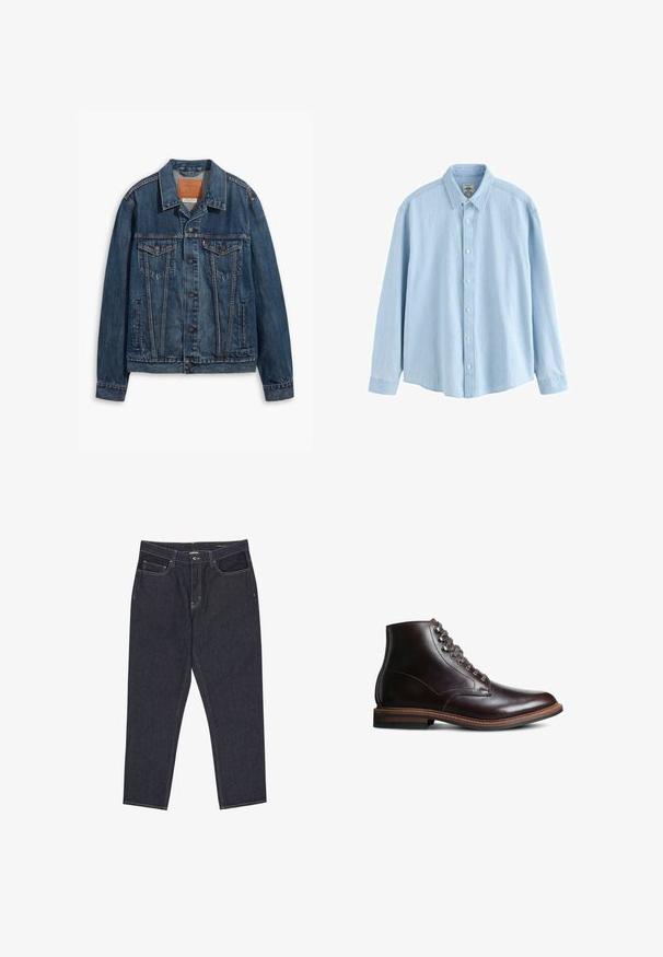 Blauwe spijkerjack met een klassiek ontwerp, voorzien van borstzakken, metalen knopen en contrasterende stiksels. Gestructureerde kraag en zoom.; Lichtblauw denim overhemd met lange mouwen, knopen en kraag, medium maat, weergegeven tegen een witte achtergrond.; Donkerblauwe spijkerbroek met rechte pijpen, voorzakken, riemlussen en zichtbare stiksels op een witte achtergrond.; Donkerbruine leren enkellaars met ronde neus, vetersluiting aan de voorkant en een gestapeld hak op een witte achtergrond.