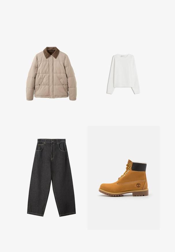 Veste beige matelassée avec col en velours côtelé marron, fermeture à pression et deux poches avant. Présente des coutures matelassées pour un détail de texture.; Pull en tricot blanc avec des manches longues, un col rond, des poignets et un ourlet côtelés. Texture douce, coupe ample, sans motifs ni accents visibles.; Pantalons wide-leg en denim noir avec des coutures jaunes, un design à cinq poches et une taille mi-haute. Tissu texturé avec une finition lisse.; Bottine en cuir brun avec œillets en métal, doublure en fourrure blanche, col rembourré noir, semelle robuste et logo en relief sur le côté.