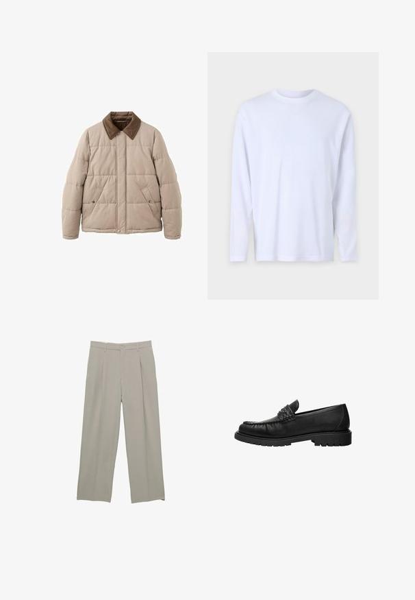 Veste beige matelassée avec col en velours côtelé marron, fermeture à pression et deux poches avant. Présente des coutures matelassées pour un détail de texture.; T-shirt blanc à manches longues en coton doux, avec un col rond et des détails de couture subtils sur le devant et les épaules.; Pantalons larges gris clair avec une texture lisse, dotés de plis à l'avant, d'une fermeture à bouton et de poches latérales.; Mocassin en cuir noir avec dessus cousu, détail de bride cloutée et semelle épaisse à crampons, présenté en profil latéral sur fond blanc.