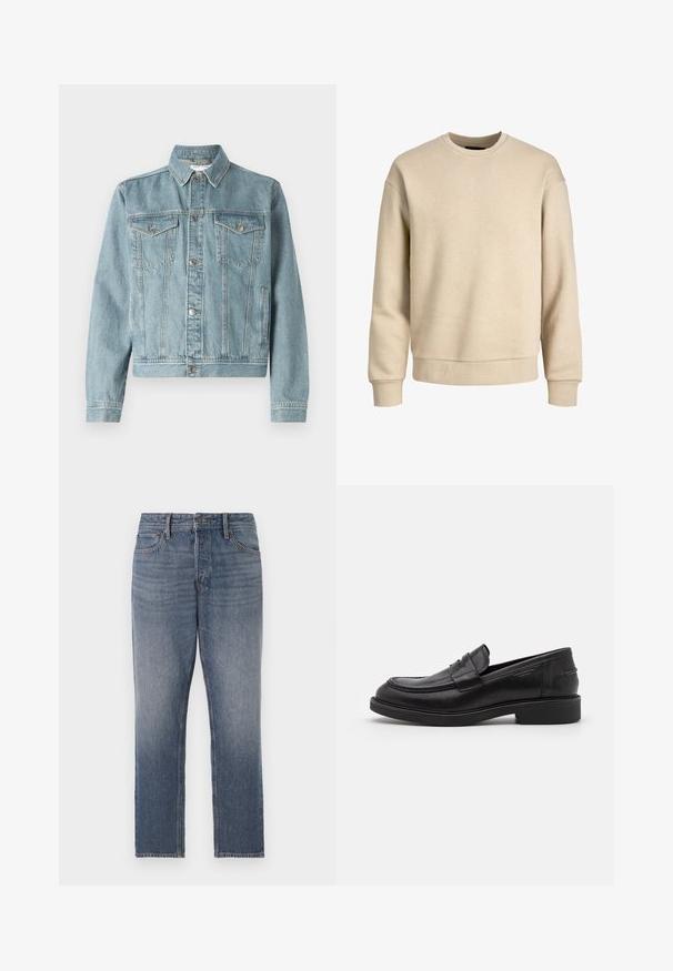 Lyseblå denimjakke med spidse kraver, to brystlommer, sølvknapper og en cropped design. Har tekstureret stof og syning detaljer.; Beige sweatshirt lavet af blødt stof, med rund hals, lange ærmer og ribbede mansjetter og kant for en afslappet pasform.; Mørkeblå denim jeans, lige ben, med en falmet vask, fem lommer og hardware i kobberfarve. Rent, klassisk udseende.; Sorte læder loafers med en rund tå, tonale syninger og en stropdetalje foran. Gummisål med en lav hæl.