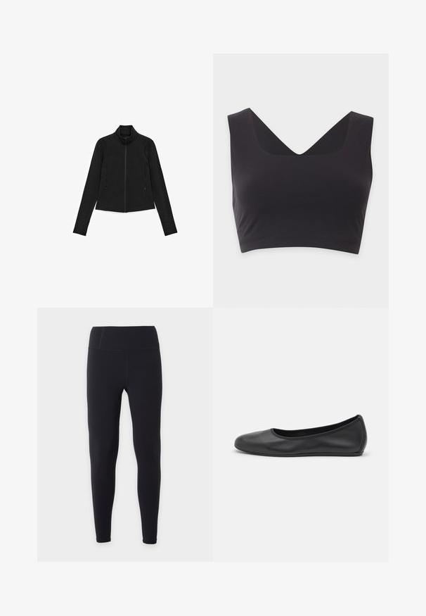 Veste noire à fermeture éclair avec haut col, manches longues, poches latérales et texture lisse et élégante. Design minimaliste, sans motifs ni accents visibles.; Crop top noir sans manches avec de larges bretelles et un profond décolleté en V sur un fond clair uni.; Leggings noirs taille haute, pleine longueur, avec une finition lisse, présentés à plat sur un fond blanc uni sans logos ni motifs visibles.; Ballerines en cuir noir avec un bout rond, texture lisse, détails de couture minimalistes et design de semelle flexible.