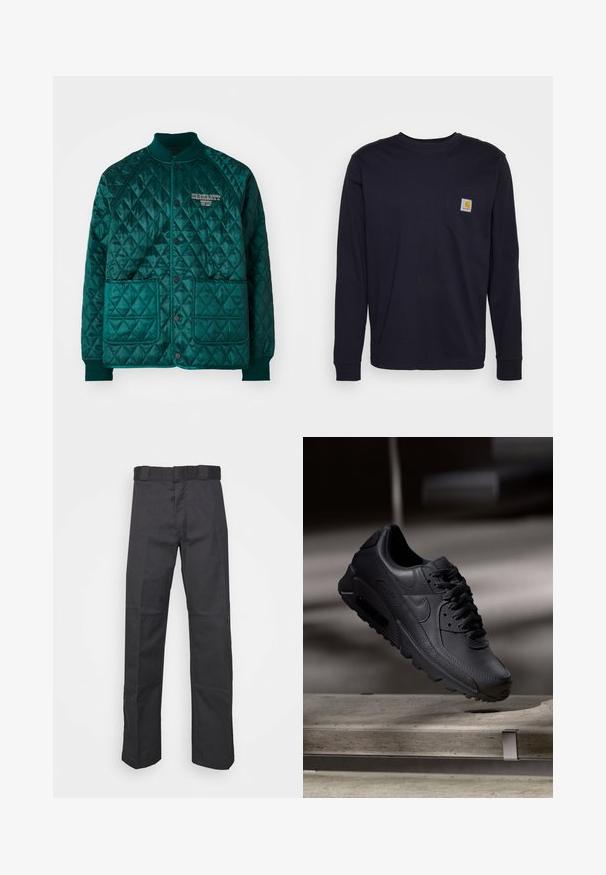 Διπλωμένη bomber jacket σε σκούρο τιρκουάζ, με ριγωτό γιακά, δύο μπροστινές τσέπες, κλείσιμο με κουμπιά και κεντητό λογότυπο στο στήθος.; Μακρυμάνικη ναυ blue μπλούζα από βαμβάκι, με τσέπη στο στήθος που διαθέτει λογόσημο. Ευθεία στρωμένη και ριμπ μανσέτες.; Μαύρο παντελόνι κατασκευασμένο από ανθεκτικό ύφασμα, με σχέδιο κατευθείαν ποδιού, μέση με θηλιές για ζώνη και ραφές για επιπλέον υφή.; Μαύρα αθλητικά παπούτσια Nike Air Max με επάνω μέρος από υφασμάτινο δέρμα, καουτσούκ σόλα και έντονο σύστημα κορδονιών, που δείχνουν έναν κομψό και μοντέρνο σχεδιασμό.