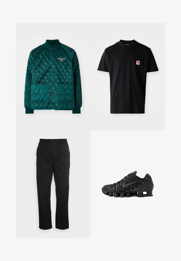 Διπλωμένη bomber jacket σε σκούρο τιρκουάζ, με ριγωτό γιακά, δύο μπροστινές τσέπες, κλείσιμο με κουμπιά και κεντητό λογότυπο στο στήθος.; Μαύρη βαμβακερή μπλούζα με στρογγυλή λαιμόκοψη, κοντά μανίκια και τσέπη στο αριστερό στήθος με ένα κομμάτι σε σχήμα κόκκινης καρδιάς και λευκό κείμενο.; Μαύρο βαμβακερό παντελόνι με ελαστική μέση, ίσια πόδια και πλαϊνές τσέπες. Απαλή υφή χωρίς σχέδια ή διακοσμητικά στοιχεία.; Μαύρα αθλητικά παπούτσια κατασκευασμένα από δίχτυ και συνθετικά υλικά, με χαρακτηριστικό κυματιστό σχέδιο, μαύρη λαστιχένια σόλα και αντανακλαστικές λεπτομέρειες.