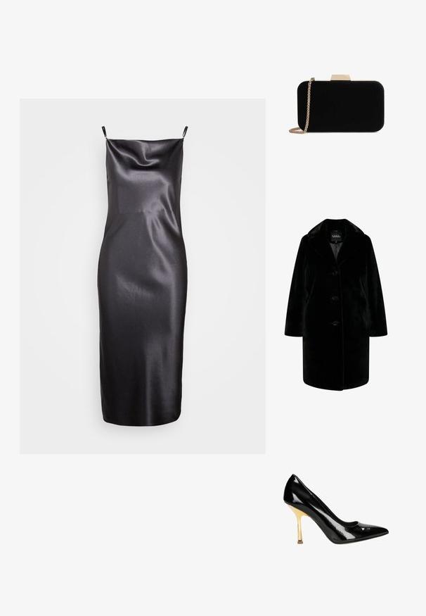 Schwarzer Kunstfellmantel mit Reverskragen, Knopfverschluss und entspannter Silhouette. Glatte Textur mit langen Ärmeln und seitlichen Taschen.; Samsøe Samsøe FREDERICKA LONG DRESS - Cocktailkleid/festliches Kleid - ombre dark; Schwarze Lackleder-High Heels mit spitzem Zehenbereich und goldenem Stiletto-Absatz. Glatte, glänzende Oberfläche mit einem dezenten Ausschnitt-Design am Knöchel.; Schwarze Samt-Clutch mit goldfarbener Hardware, rechteckiger Form und Kettenriemen, mit glatter Textur und ohne sichtbare Muster.