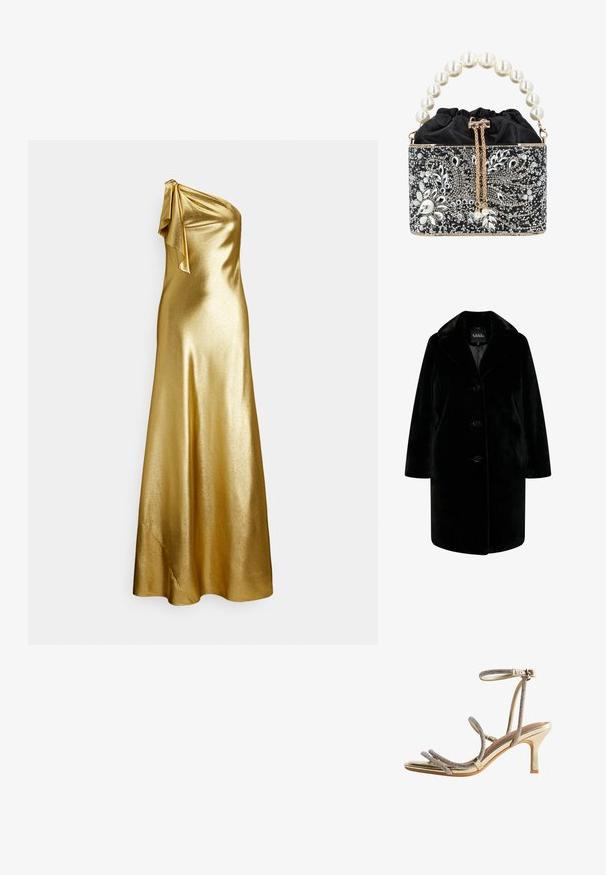 Schwarzer Kunstfellmantel mit Reverskragen, Knopfverschluss und entspannter Silhouette. Glatte Textur mit langen Ärmeln und seitlichen Taschen.; Ein goldfarbenes Satin-Kleid mit einem schulterfreien Design und einer Schleifendetail an der Schulter, das eine glatte, elegante Textur und eine bodenlange Länge aufweist.; Goldene High-Heels-Sandalen mit dünnen, mit Strass verzierten Riemen um die Zehen und Knöchel sowie einem kleinen Schnallenverschluss.; Schwarze Stoff-Abendtasche mit silberner floraler Paillettenstickerei, Perlenhenkel und goldener Kettenzugverschluss.