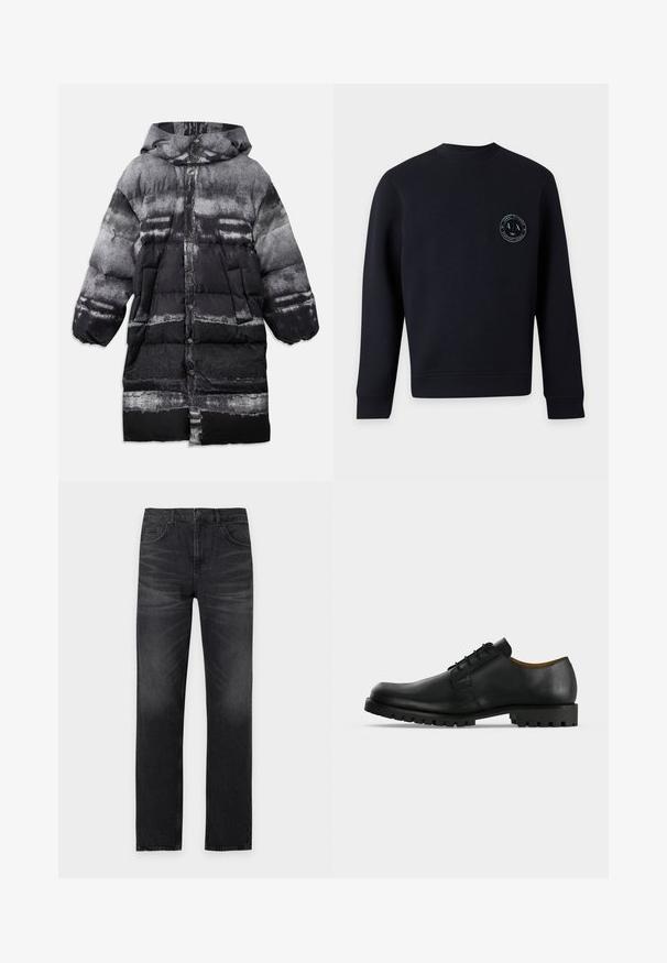 Manteau rembourré noir et gris avec capuche, présentant un motif abstrait, des boutons-pression et des poches latérales. Texture douce et isolante.; Sweat-shirt noir à manches longues et col rond avec un petit logo circulaire Armani Exchange sur la poitrine gauche indiquant "A|X 1991".; Jean noir à jambes droites avec poches avant, passants de ceinture et détails subtilement délavés sur les cuisses.; Chaussure de ville noire en cuir à lacets avec une semelle épaisse et rainurée et un petit talon, présentée sur fond blanc.