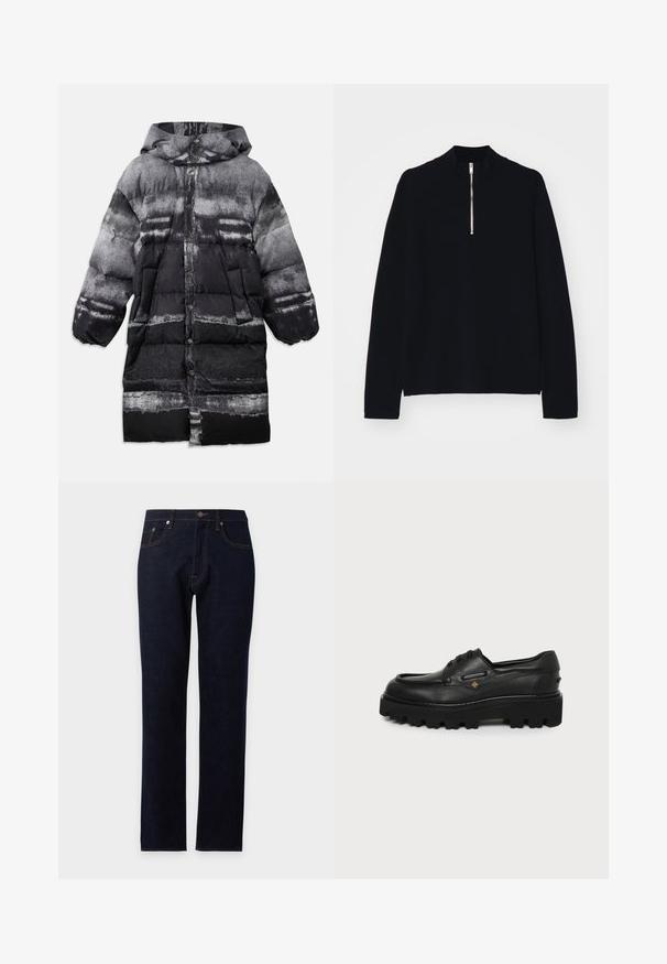 Pudret sort og grå frakke med hætte, featuring et abstrakt mønster, trykknapper og sidelommer. Blød, isoleret tekstur.; Sort langærmet top lavet af et blødt materiale, med en høj mock-neck og en halv lynlås foran, med en afslappet pasform.; Mørkeblå straight-leg jeans med knap foran, lynlås og fem-lomme design på en ensfarvet lys baggrund.; Sort lædersko med snørebånd, tyk robust sål og diskret gulddetalje på siden, vist i siden mod en hvid baggrund.