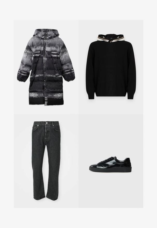 Gepolsterter schwarzer und grauer Mantel mit Kapuze, ausgestattet mit einem abstrakten Muster, Druckknöpfen und seitlichen Taschen. Weicher, isolierter Stoff.; Schwarzer Pullover mit Kapuze, verfügt über eine glatte Textur und gestreifte Akzente entlang des Kapuzenrands. Einfaches Design mit lockerer Passform.; Schwarze gerade geschnittene Jeans aus Denim mit Knopf- und Reißverschluss vorne, vorne und hinten sichtbare Taschen auf weißem Hintergrund.; Schwarze Lackledersneaker mit runder Zehenform, Schnürdesign, strukturiertem Gummisohle und glatter Oberfläche.