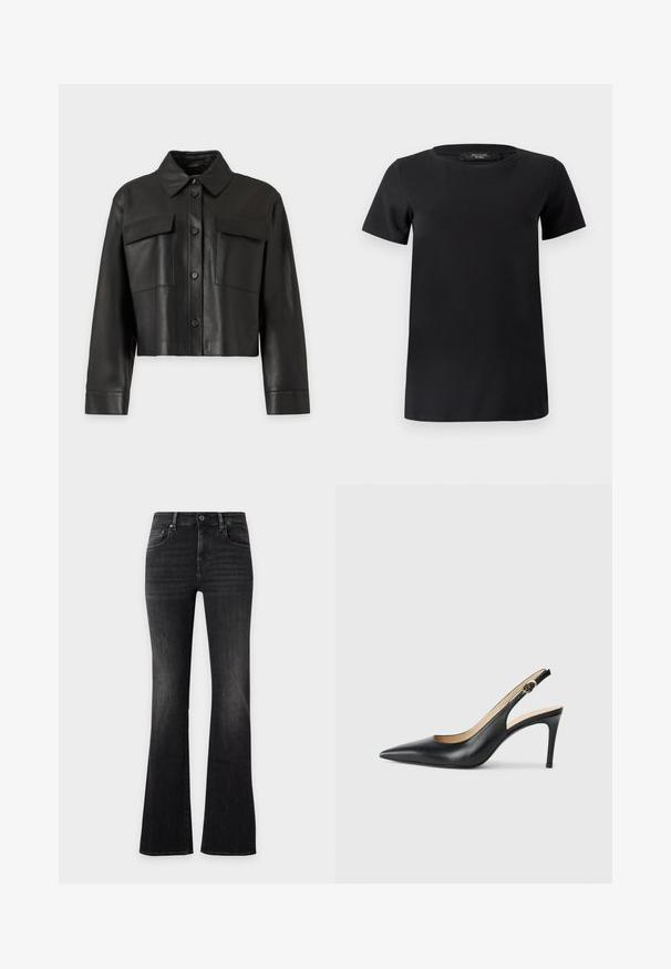 Veste en cuir noire courte avec manches longues, fermeture à boutons sur le devant, col pointu et deux poches poitrine à rabat sur un fond uni.; T-shirt noir à manches courtes en tissu de coton doux, doté d'un col rond et d'un design simple et classique sans ornements.; Jean noir taille haute évasé avec poches avant et arrière, fermeture par bouton et zip, et détails subtils délavés sur les cuisses.; Escarpins en cuir noir avec une pointe fine, une bride ajustable et un talon aiguille élégant, présentant une finition lisse.