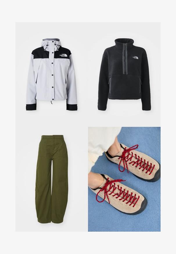 Chaqueta con capucha en gris claro y negro, con botones frontales, cordones ajustables y el logo de The North Face en el pecho.; Sudadera de polar negra con cuello alto, cremallera hasta el cuarto, bolsillo delantero y costuras de contraste. Presenta el logotipo de The North Face en el pecho.; Pantalones cargo verde oliva de algodón, con un diseño de pierna ancha, bolsillos delanteros y un cierre de botón en la cintura.; Zapatos beiges con cordones rojos, colocados sobre una superficie texturizada azul, que revelan parcialmente el tobillo de una persona. Los zapatos tienen un diseño deportivo.