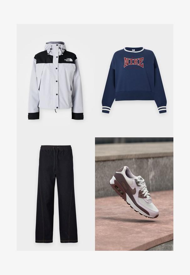 Hele hall hall ja must kapuutsiga jakk esipaneelil nööpidega, reguleeritavate paeltega ja The North Face logo rinnal.; Tumesinine Nike pusa punase ja valge "NIKE ATHLETIC DEPT." tekstiga, valgete triipudega mansettide ja valgeäärega kaelusega, tavalise taustaga.; Tumedast denimist laiad püksid, millel on elastne vöökoht nööriga, kontrastse oranži õmblusega ning sirged, puhtad jooned.; Valge ja lilla Nike Air Max toss hõljumas kivilise pinna kohal, taustal hall kivi sein.