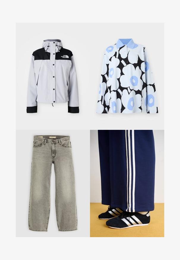 Hellgraue und schwarze Kapuzenjacke mit vorderen Knöpfen, verstellbaren Kordelzügen und dem The North Face-Logo auf der Brust.; Langärmeliges Poloshirt mit großen weißen und hellblauen Blumendrucken auf schwarzem Hintergrund und einem einfarbigen hellblauen Kragen.; Helle graue, weite Jeans aus Denim. Verfügt über die traditionelle Fünf-Taschen-Optik und leichte Ausbleichungen im gesamten Stoff.; Marineblaue Sweatpants mit drei weißen vertikalen Streifen und schwarzen Sportschuhen mit silbernen Streifen und strukturierten Oberflächen. Gelber Boden.
