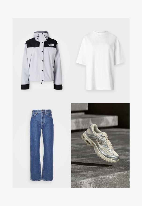 Lysegrå og sort hættejakke med frontknapper, justerbare snore og The North Face-logo på brystet.; Hvid bomulds t-shirt med rund halsudskæring, korte ærmer og en løs pasform. Stoffet ser glat og let ud.; Blå denim jeans med vide ben, høj talje, kontrastsyninger og klassisk fem-lomme design. Struktureret stof med en glat overflade.; Beige og sølv Nike løbesko med mesh og snøredetaljer, svævende over betontrin.
