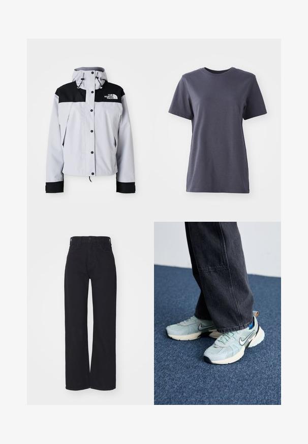 Svetlošedá a čierna kapucňová bunda s prednými gombíkmi, nastaviteľnými šnúrkami a logom The North Face na hrudi.; Tričká s krátkym rukávom v tmavošedej farbe, vyrobené z bavlny, s okrúhlym výstrihom, hladkou textúrou, rovnom okrajom, bez viditeľných vzorov alebo kovových detailov.; Čierne široké džíny s vysokým pásom, so zapínaním na prednom gombíku a zips, pútkami na opasok a dvoma prednými vreckami na bielom pozadí.; Svetlo modré sieťované Nike tenisky s textúrovaným povrchom, čiernym swooshom a krémovou medzipodrážkou, skombinované s tmavošedými širokými nohavicami.
