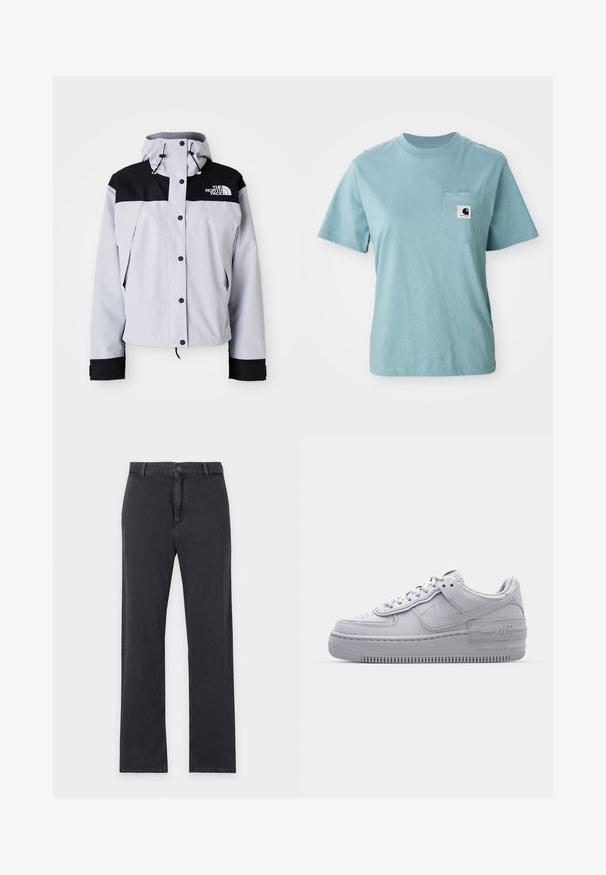 Chaqueta con capucha en gris claro y negro, con botones frontales, cordones ajustables y el logo de The North Face en el pecho.; Camiseta de algodón de manga corta color azul claro con bolsillo en el pecho que presenta un pequeño parche del logotipo en blanco y negro de Carhartt.; Vaqueros negros de pierna recta con cierre frontal de botón y cremallera, trabillas para cinturón y diseño clásico de cinco bolsillos, extendidos planos sobre fondo blanco.; Zapatilla Nike Air Force 1 gris con puntera perforada, parte superior de cuero suave, suela gruesa y detalle en relieve 'AIR' en el talón.