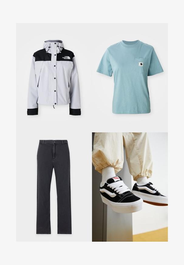 Veste à capuche gris clair et noire avec des boutons à l'avant, des cordons de serrage ajustables et le logo The North Face sur la poitrine.; T-shirt en coton léger bleu clair à manches courtes avec poche poitrine affichant un petit patch logo Carhartt noir et blanc.; Jean noir à jambes droites avec fermeture par bouton et zip à l'avant, passants de ceinture et design classique à cinq poches, posé à plat sur fond blanc.; Personne portant des baskets Vans noires et blanches avec des lacets blancs, des chaussettes blanches et un pantalon beige avec des poignets élastiques.