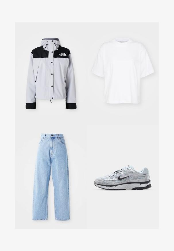 Chaqueta con capucha en gris claro y negro, con botones frontales, cordones ajustables y el logo de The North Face en el pecho.; Camiseta de algodón blanca con cuello redondo, mangas cortas y un corte relajado. Presenta un logo sutil en el área del pecho izquierdo. Textura suave.; Jeans de mezclilla de tiro alto en color azul claro, con piernas rectas y anchas, cierre frontal con botón y cremallera, y bolsillos delanteros y traseros.; Zapatillas Nike P-6000 con parte superior de malla gris claro, acentos negros y suela de goma negra duradera. Presentan un diseño intrincado y un sistema de cordones.