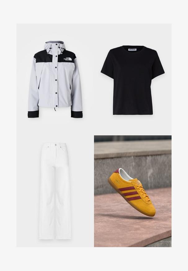 Lysegrå og sort hættejakke med frontknapper, justerbare snore og The North Face-logo på brystet.; Sort kortærmet t-shirt lavet af bomuld. Har rund halsudskæring og afslappet pasform. Mærket læser "WEEKDAY" ved kraven.; Hvide vide jeans lavet af denim, med en frontknaplukning, bæltestropper og fire lommer med en ren, glat tekstur.; Gul ruskindssneaker med røde striber, flad sål og polstret krave; har snørelukning og mærketag.