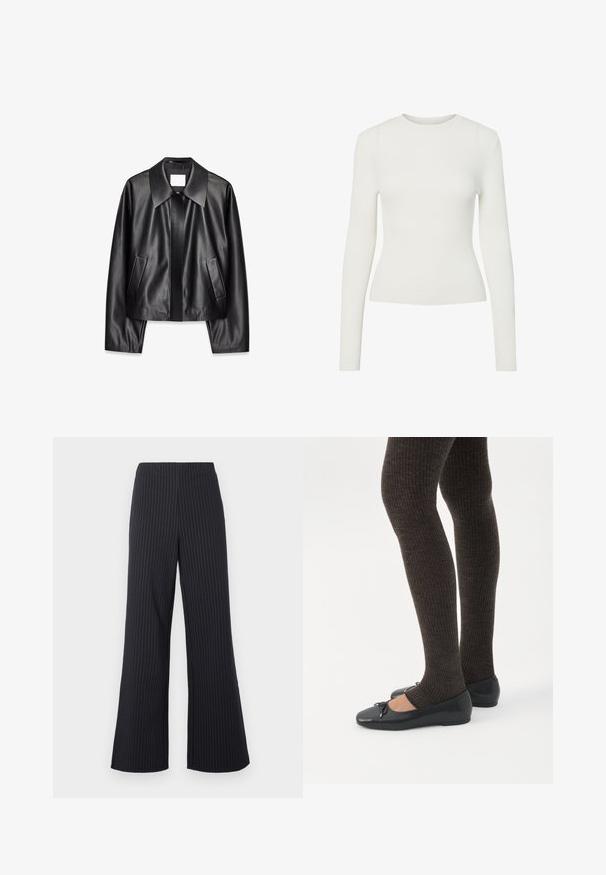 Sort læderjakke med bred krave, forlommer og en glat tekstur. Designet er cropped med lange ærmer.; Hvid langærmet ribbet top med rund halsudskæring, tætsiddende snit og glat tekstur. Minimalistisk design uden synlige mønstre eller pynt.; Sorte bukser med vide ben og lodrette hvide nålestriber, elastisk talje og glat stoftekstur, der giver en afslappet pasform og et skræddersyet udseende.; Ben iført mørke ribbede leggings kombineret med sorte balletsko med små sløjfedetaljer på hvid baggrund.