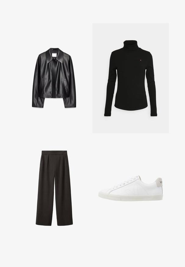 Musta nahkatakki, jossa on leveä kaulus, etupocketit ja sileä pinta. Muotoilu on lyhyt ja pitkät hihat.; Musta turtleneck-neule, joka on valmistettu ribbikankaasta. Siinä on pitkät hihat ja pieni logo punavalkoisilla yksityiskohdilla rinnassa.; Leveät mustat housut, joissa on sileä pinta, laskokset edessä ja kaksi sivutaskua, istuvalla vyötärönauhalla.; Valkoiset nahkakengät, joissa on teksturoitu vaaleanharmaa kumipohja. Ominaisuuksiin kuuluvat nauhat, hillitty ompelu ja harmaa mokkanahkainen kantapääkoristelu.