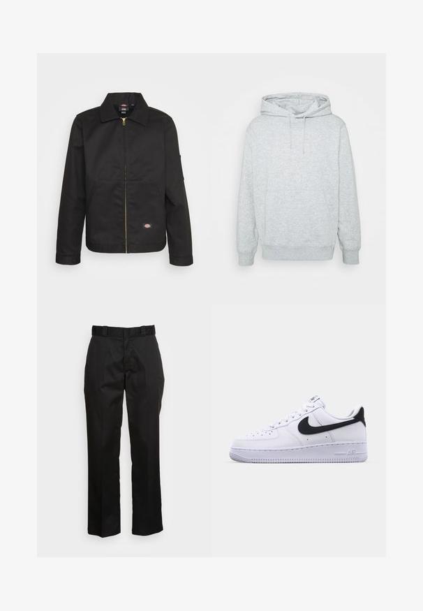 Veste noire zippée avec un col, dotée de deux poches avant et d'un petit logo sur le côté inférieur. Fabriquée en tissu résistant avec une texture lisse.; Hoodie gris en tissu mélangé coton, avec une capuche à cordon, une poche kangourou, des poignets et un ourlet côtelés, au toucher doux.; Pantalons noirs en tissu lisse, avec une coupe droite, des passants de ceinture et deux poches latérales. Look classique sans embellissements.; Sneaker en cuir blanc avec un Swoosh noir texturé, des lacets plats et une semelle en caoutchouc avec un motif strié. "AIR" est embossé sur le talon.