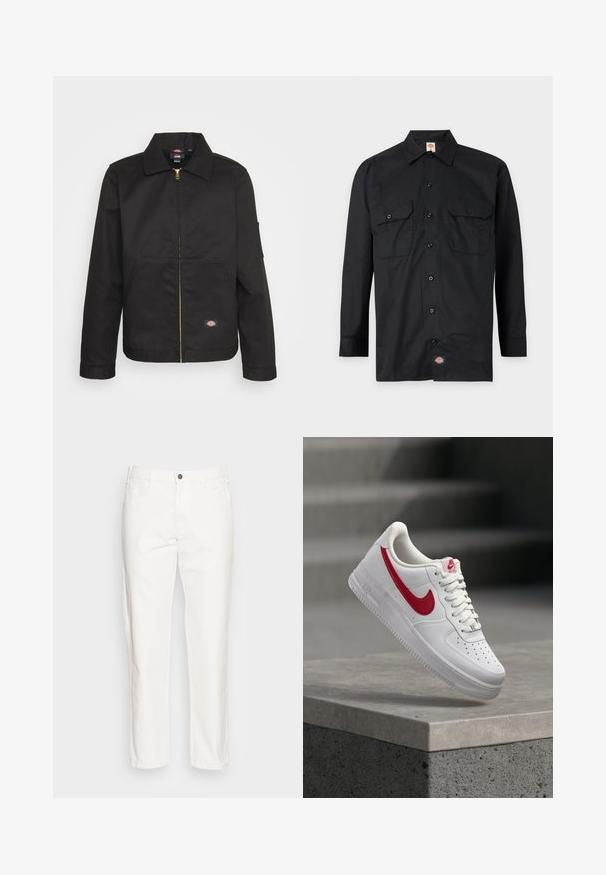 Veste noire zippée avec un col, dotée de deux poches avant et d'un petit logo sur le côté inférieur. Fabriquée en tissu résistant avec une texture lisse.; Chemise noire à manches longues avec boutons, deux poches à rabat à l'avant et une petite étiquette avec le logo Dickies près de l'ourlet inférieur.; Pantalon en coton blanc avec une coupe droite, poches avant, fermeture à bouton unique et une texture douce.; Baskets blanches Nike Air Force 1 avec logo swoosh rouge flottant au-dessus d'un rebord en béton et des escaliers en arrière-plan.