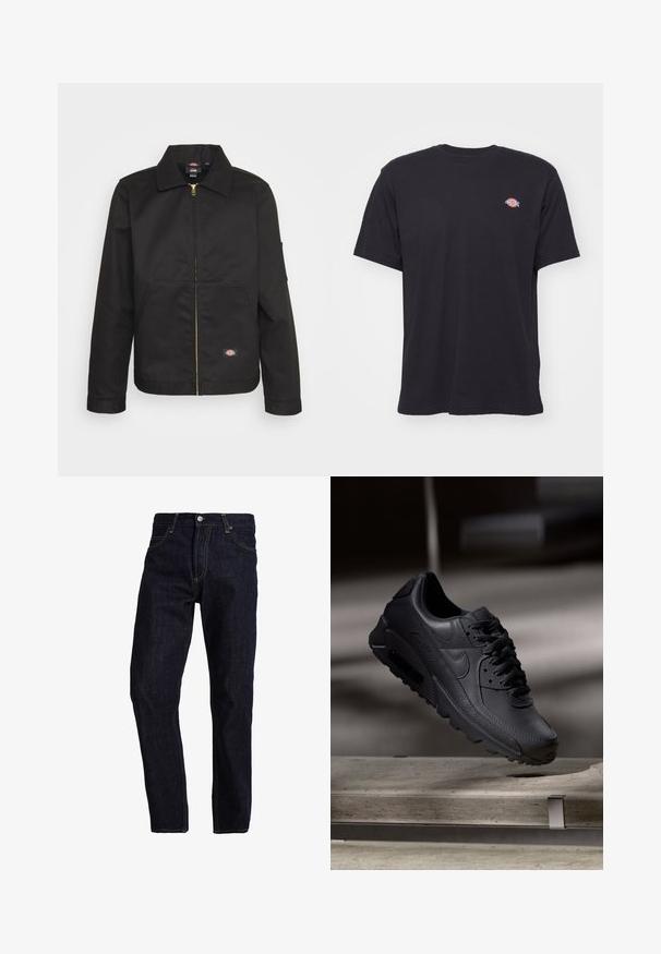 Sort zip-up jakke med krave, der har to forlommer og et lille logo på den nederste del. Lavet af kraftigt stof med en glat overflade.; Sort kortærmet t-shirt med rund hals og et lille farverigt Dickies-logo på venstre bryst mod en ensfarvet baggrund.; Mørkeblå denim jeans med lige pasform, med gul syning, fem lommer og en klassisk knap- og lynlås lukning.; Sorte Nike Air Max-sneakers med en struktureret læderoverdel, gummisål og fremtrædende snøresystem, der viser et slankt, moderne design.