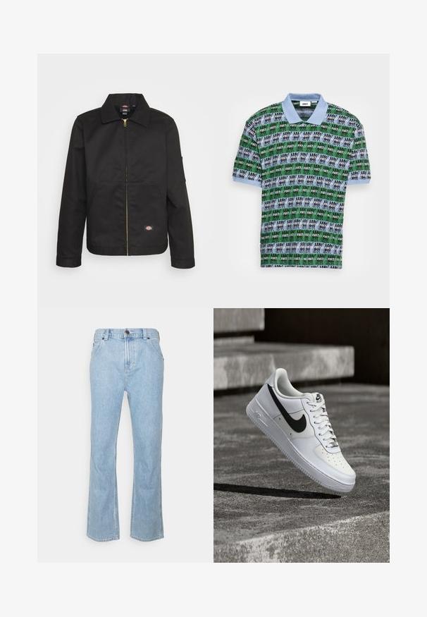 Chaqueta negra con cremallera y cuello, que cuenta con dos bolsillos frontales y un pequeño logo en el lado inferior. Fabricada con un tejido resistente y de textura suave.; Camisa polo de manga corta con un collar de color azul claro, que presenta un patrón gráfico repetido en verde, azul y negro, destacando la palabra "OBEY".; Jeans de mezclilla azul claro con corte recto, diseño de cinco bolsillos y cierre de botón en la cintura. Presentan detalles de costura.; Zapatilla blanca Nike Air Force 1 con el logo Swoosh negro, cordones atados, posicionada en el aire sobre una superficie de concreto texturizado al aire libre.