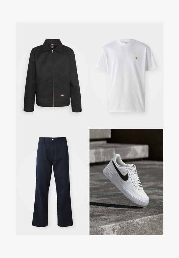 Zwarte zip-up jas met een kraag, voorzien van twee voorkruimelpockets en een klein logo aan de onderkant. Gemaakt van stevig materiaal met een gladde textuur.; Witte katoenen t-shirt met korte mouwen en ronde hals, voorzien van een klein gouden logo op de linkerkant van de borst. Zachte textuur en een normale pasvorm.; Marineblauwe katoenen broeken met een rechte pijpenontwerp, voorzien van een rits en knoopsluiting, en voorzakken. Soepele textuur en nette afwerking.; Witte Nike Air Force 1 sneaker met zwarte swoosh, veters gestrikt, zwevend in de lucht boven een gestructureerd betonnen oppervlak buiten.