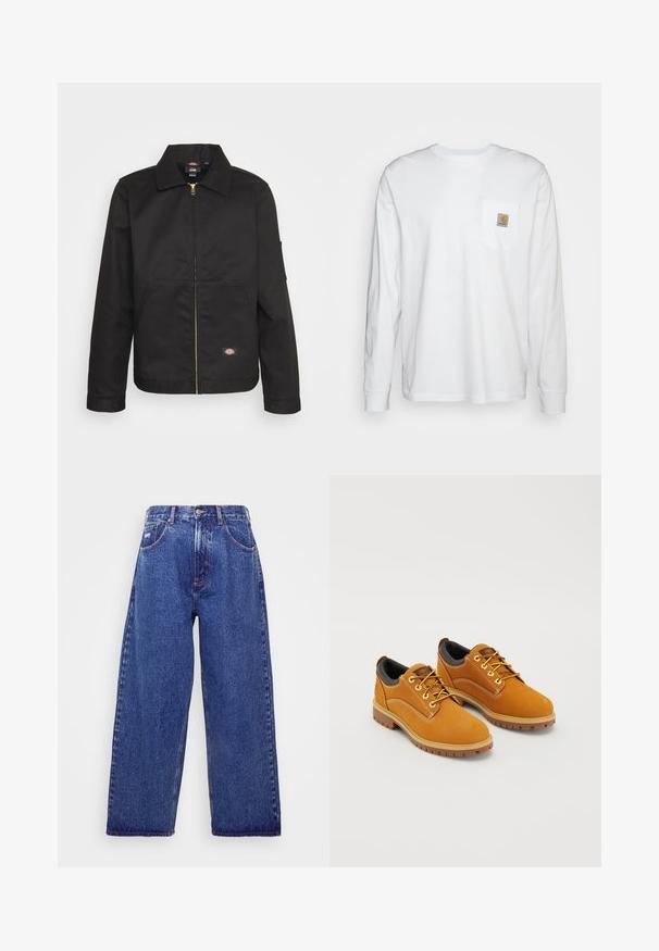 Black zip-up jacket with a collar, featuring two front pockets and a small logo on the lower side. Made of sturdy fabric with a smooth texture.; Long-sleeve white shirt made of cotton, featuring a chest pocket with a square logo patch. Simple design with rounded neckline and cuffed sleeves.; Wide-leg, blue denim jeans with a high waist, featuring five pockets, a button closure, and subtle fading for texture.; Brown suede shoes with a rounded toe, yellow laces, a padded black collar, and rubber soles featuring traction grooves.