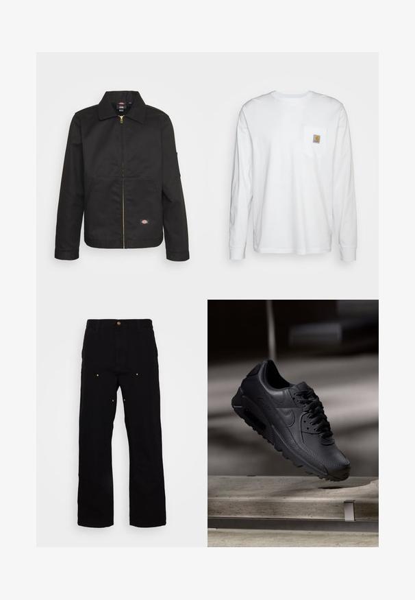 Veste noire zippée avec un col, dotée de deux poches avant et d'un petit logo sur le côté inférieur. Fabriquée en tissu résistant avec une texture lisse.; Chemise blanche à manches longues en coton, dotée d'une poche poitrine avec un patch logo carré. Design simple avec un col arrondi et des manches à poignets.; Pantalons en denim noir avec une coupe droite, présentant des accents en métal doré et des coutures visibles sur les poches avant et arrière.; Baskets noirs Nike Air Max avec un dessus en cuir texturé, semelle en caoutchouc et un système de laçage proéminent, mettant en avant un design moderne et épuré.