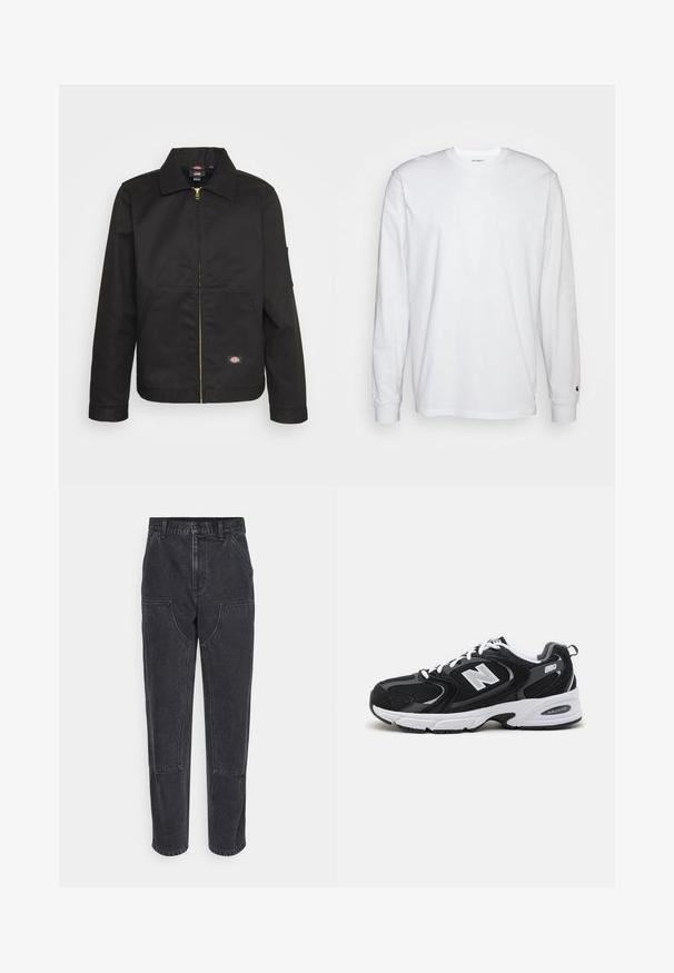 Veste noire zippée avec un col, dotée de deux poches avant et d'un petit logo sur le côté inférieur. Fabriquée en tissu résistant avec une texture lisse.; T-shirt blanc à manches longues en coton. Design à col rond avec des poignets côtelés et un petit logo sur la manche gauche. Texture lisse.; Jeans en denim noir à taille haute, coupe droite et grandes poches avant. Présente des coutures contrastées et aucun logo visible.; Baskets de sport noires et grises avec un tige en mesh et en suède, présentant une semelle intermédiaire blanche, des lacets et un logo "N" audacieux sur le côté.