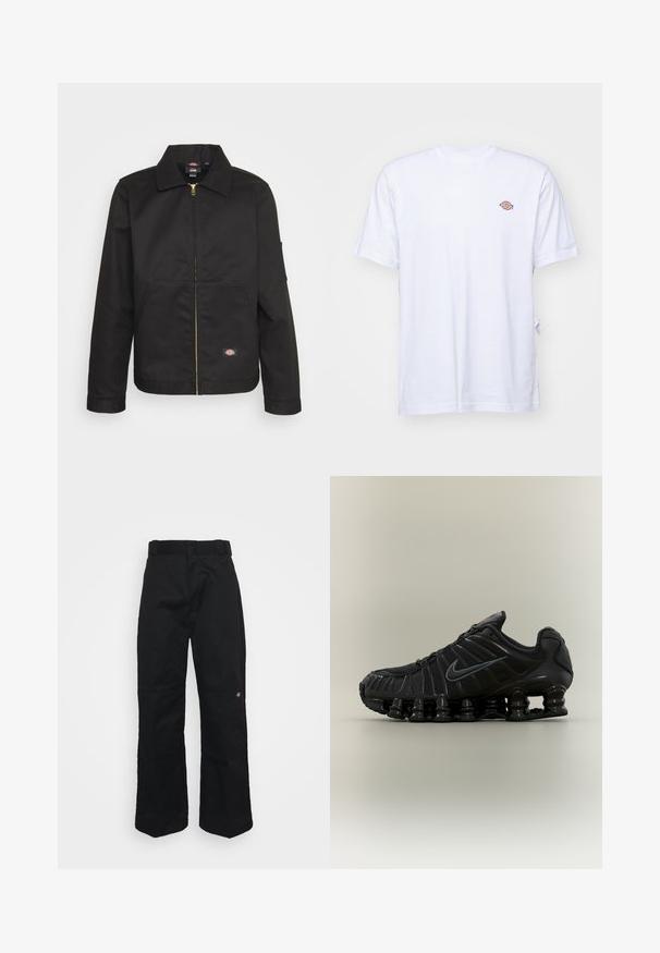 Veste noire zippée avec un col, dotée de deux poches avant et d'un petit logo sur le côté inférieur. Fabriquée en tissu résistant avec une texture lisse.; T-shirt en coton blanc avec un col en V et des manches courtes. Présente un petit logo coloré brodé sur la poitrine gauche. Texture douce.; Pantalon noir en tissu robuste, présentant une coupe droite, des passants pour ceinture et un petit logo sur le côté inférieur.; Chaussure de course noire Nike avec semelle segmentée semblable à un ressort, dessus en mesh et logo Swoosh noir assorti sur le côté.