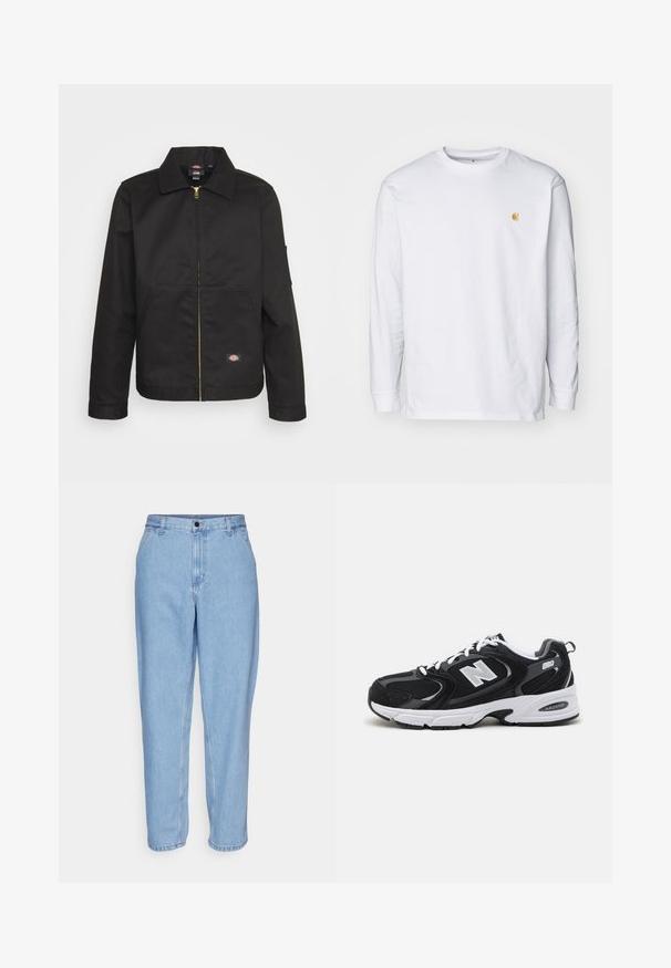 Black zip-up jacket with a collar, featuring two front pockets and a small logo on the lower side. Made of sturdy fabric with a smooth texture.; White long-sleeve t-shirt made of cotton. Features a small golden logo on the chest and a crew neckline. Simple design and standard fit.; Light blue denim jeans with a relaxed fit, high waist, and straight legs. Features front pockets and a metal button closure.; Black and gray athletic shoes with mesh and suede upper, featuring a white midsole, laces, and a bold "N" logo on the side.