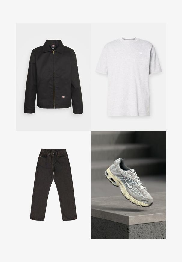 Chaqueta negra con cremallera y cuello, que cuenta con dos bolsillos frontales y un pequeño logo en el lado inferior. Fabricada con un tejido resistente y de textura suave.; Camiseta de algodón gris claro con mangas cortas, cuello redondo y un pequeño logo blanco en el lado izquierdo del pecho. Textura suave, corte casual.; Jeans de denim gris oscuro con un corte holgado, que presentan un diseño de cinco bolsillos, detalles de costura y un cierre de botón en la cintura.; Zapatilla de correr Nike gris y blanca con suela acolchada suspendida sobre un escalón de concreto en un entorno al aire libre.