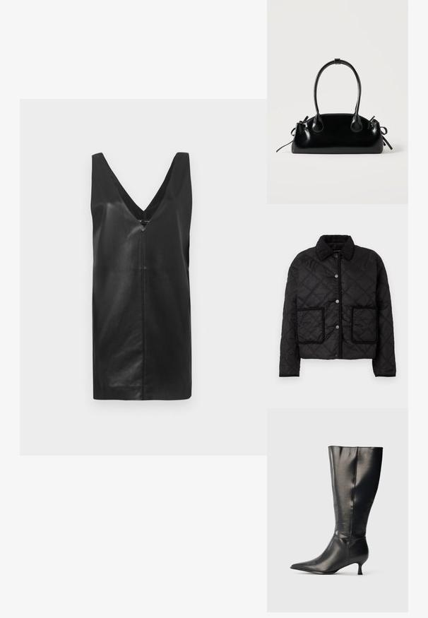 Schwarze gesteppte Jacke mit Druckknopfverschluss, zwei Fronttaschen mit kontrastierenden Kanten und einem gerippten Kragen.; Schwarzes ärmelloses Lederkleid mit tiefem V-Ausschnitt und Mittelnaht, präsentiert vor einem schlichten weißen Hintergrund.; Schwarzer kniehoher Lederstiefel mit spitzer Zehenpartie und niedrigem Kittenabsatz, präsentiert vor einem schlichten hellen Hintergrund.; Kleine schwarze glänzende Handtasche mit zwei langen Griffen und seitlichen Kordelzug-Details vor einfachem hellem Hintergrund.