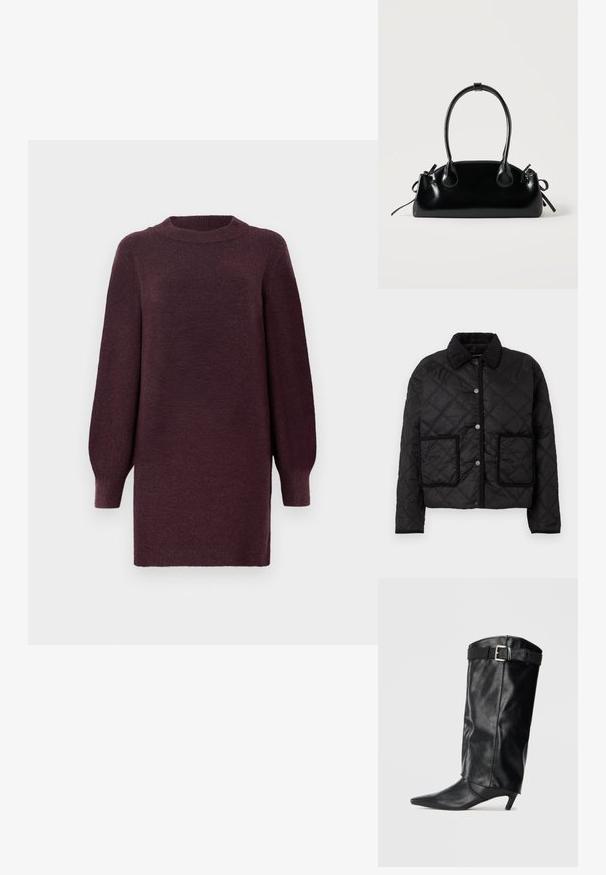 Schwarze gesteppte Jacke mit Druckknopfverschluss, zwei Fronttaschen mit kontrastierenden Kanten und einem gerippten Kragen.; Bordeauxfarbenes Strickkleid mit rundem Halsausschnitt und langen, leicht puffartigen Ärmeln. Aus einem weichen, strukturierten Stoff gefertigt. Endet oberhalb des Knies.; Schwarzer, lederner Knöchelhoher Stiefel mit spitzer Zehe und kleinem Absatz. Verfügt über einen Gürtel am oberen Ende mit einer silbernen Schnalle. Glatte Textur.; Kleine schwarze glänzende Handtasche mit zwei langen Griffen und seitlichen Kordelzug-Details vor einfachem hellem Hintergrund.
