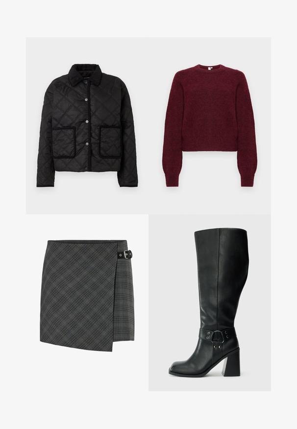 Chaqueta negra acolchada con cierre de botones a presión, dos bolsillos frontales con bordes en contraste y cuello de canalé.; Suéter de crewneck de mezcla de lana burdeos con mangas largas y puños y dobladillo acanalados.; Falda de lana a cuadros gris oscuro con detalle de hebilla negra en el lado derecho, dobladillo recto y un sutil patrón de líneas diagonales.; Botas de cuero negro hasta la rodilla con puntera cuadrada, tacón ancho y una correa decorativa con acentos metálicos alrededor del tobillo. Textura suave.