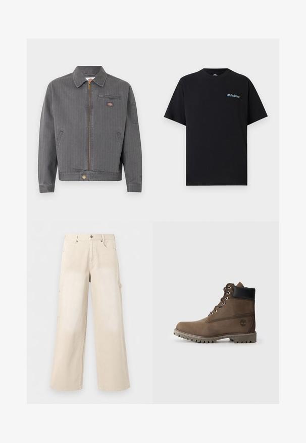 Veste de travail grise zippée avec col, poche poitrine zippée, poches latérales et petit écusson logo sur la poitrine et la manche.; T-shirt noir à manches courtes et col rond avec un petit logo "Dickies" multicolore sur la poitrine gauche, sur un fond uni.; Pantalon beige à jambes larges avec poches avant, fermeture par boutons et passants de ceinture, présenté sur un fond blanc uni.; Bottines en cuir marron avec un col noir, œillets en métal et semelle grise robuste. Comprend un logo sur le côté et des détails cousus.