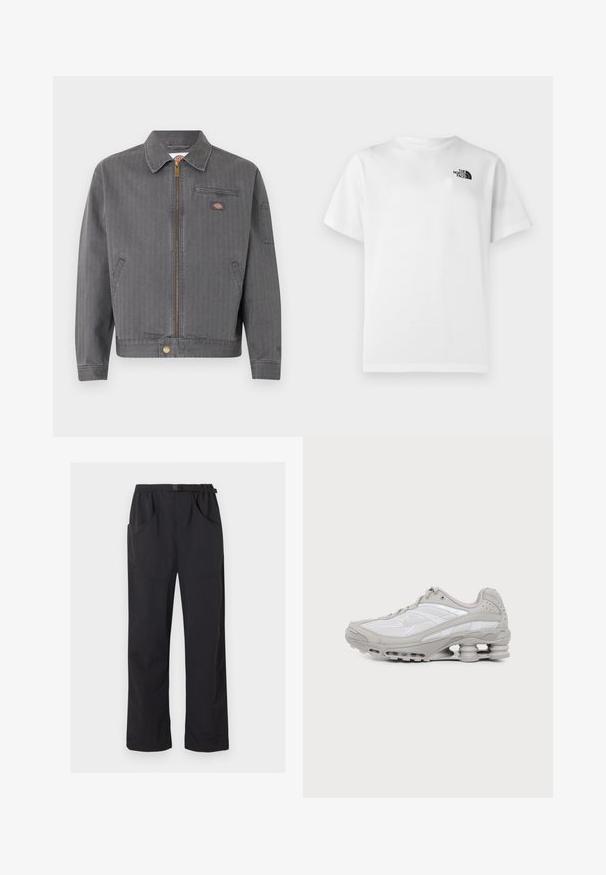 Veste de travail grise zippée avec col, poche poitrine zippée, poches latérales et petit écusson logo sur la poitrine et la manche.; T-shirt en coton blanc à manches courtes et col rond. Présente un petit logo noir sur le côté gauche supérieur. Texture lisse.; Pantalon noir à jambe droite avec taille élastique et ceinture ajustable à boucle, doté de poches avant et latérales.; Baskets de sport grises et blanches avec semelle à coussin d'air visible et panneaux en mesh, présentées de profil sur un fond clair uni.