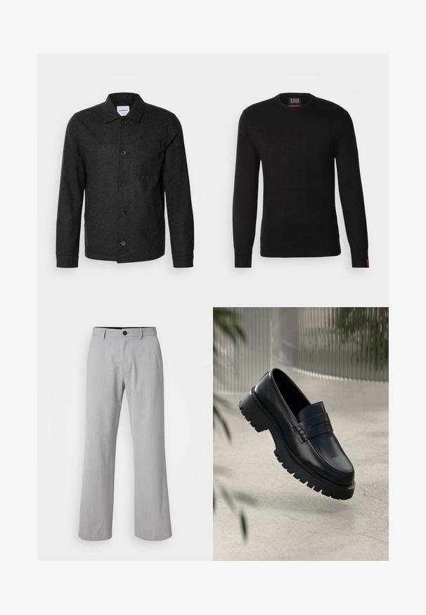 Lindbergh Chaqueta fina - black melange; Scotch & Soda REGULAR FIT CREW NECK - Jersey de punto - meteorite; Pantalones de pierna ancha en gris claro, confeccionados con una tela texturizada. Presentan una cinturilla con pasadores para cinturón, un cierre frontal con botón y dos bolsillos laterales.; Mocasines de cuero negro con suela gruesa, que presentan una correa decorativa y detalles de costura. Textura suave con un acabado pulido.