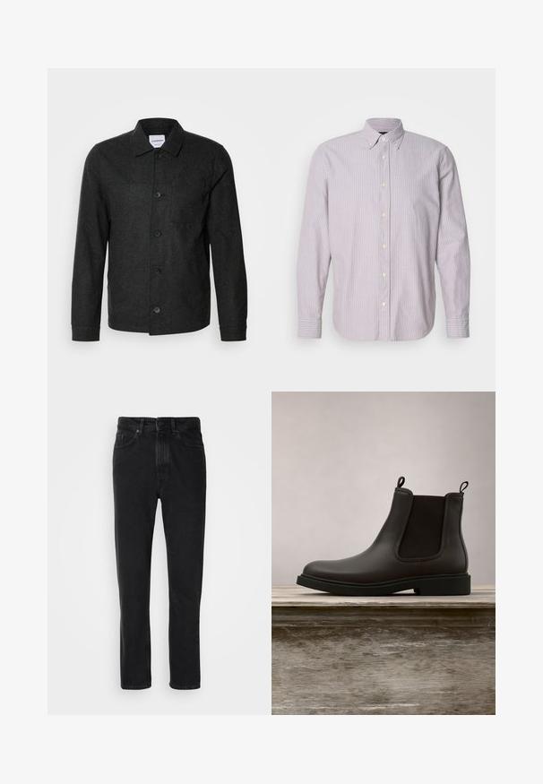 Lindbergh Lichte jas - black melange; Overhemd met knoopsluiting in lichtpaars met witte strepen, van katoen, met lange mouwen en een kraag met knopen, voorzien van gele knopen en zijsplitten.; Zwarte denim jeans met een recht ontwerp, voorzien van een knoop- en ritsluiting, voorzakken en een subtiele textuur.; Zwarte leren Chelsea-boot met elastische zijpanelen en trekbanden, zwevend boven een houten bankje buiten met een achtergrond van gras.
