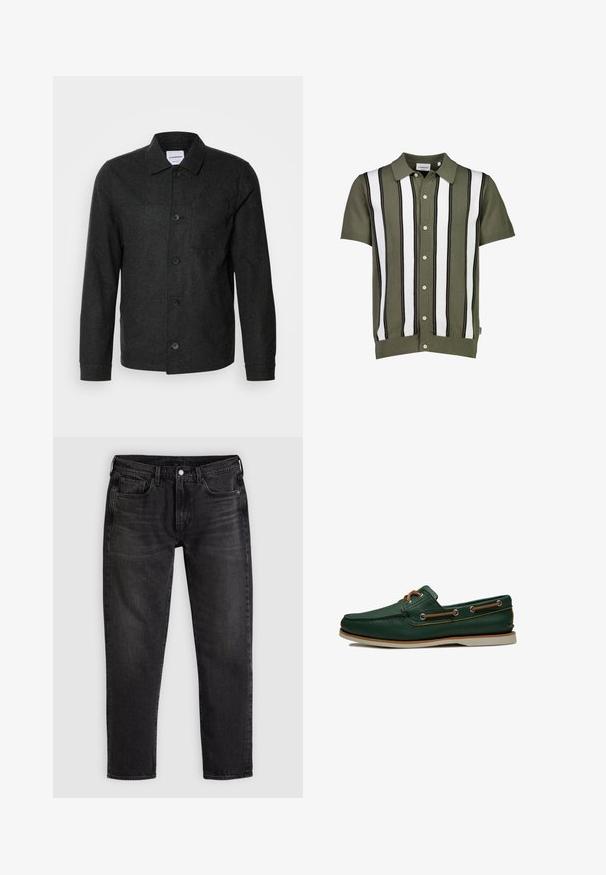Lindbergh Lichte jas - black melange; Korte mouwen polo shirt in olijfgroen, met verticale zwart-witte strepen. Knopsluiting aan de voorkant en geribbelde kraag en zoomdetails.; Zwarte slim-fit spijkerbroek met vijf zakken, riemlussen en een vooraan geplaatste knoop- en ritssluiting, plat neergelegd op een lichte achtergrond.; Groene leren bootschoen met beige veters die door metalen oogjes zijn geregen, een beige zool en mocassinstijl stiksels.