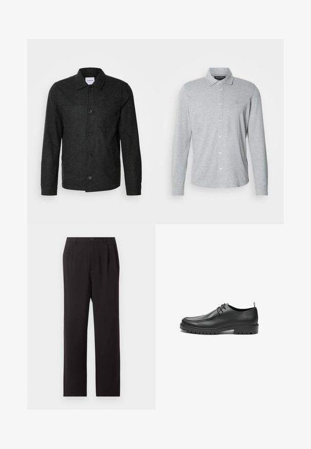 Lindbergh Lichte jas - black melange; Grijs poloshirt met lange mouwen, gemaakt van zachte katoen, met een knoopsluiting aan de voorkant, een puntige kraag en een subtiel logo op de borst.; Zwarte hooggetailleerde, op maat gemaakte broek met plooien, knoopsluiting, ceintuurlussen en rechte pijpen op een effen lichte achtergrond.; Zwarte lederen schoenen met een gladde afwerking, ronde neus en decoratieve stiksels. Beschikt over een rubberen zool met tractiegrepen en een vetersluiting.
